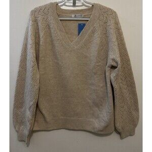 Cupshe V Neck Knit Sweater Small Beige Oatmeal Pointelle Sleeve Pullover NWT